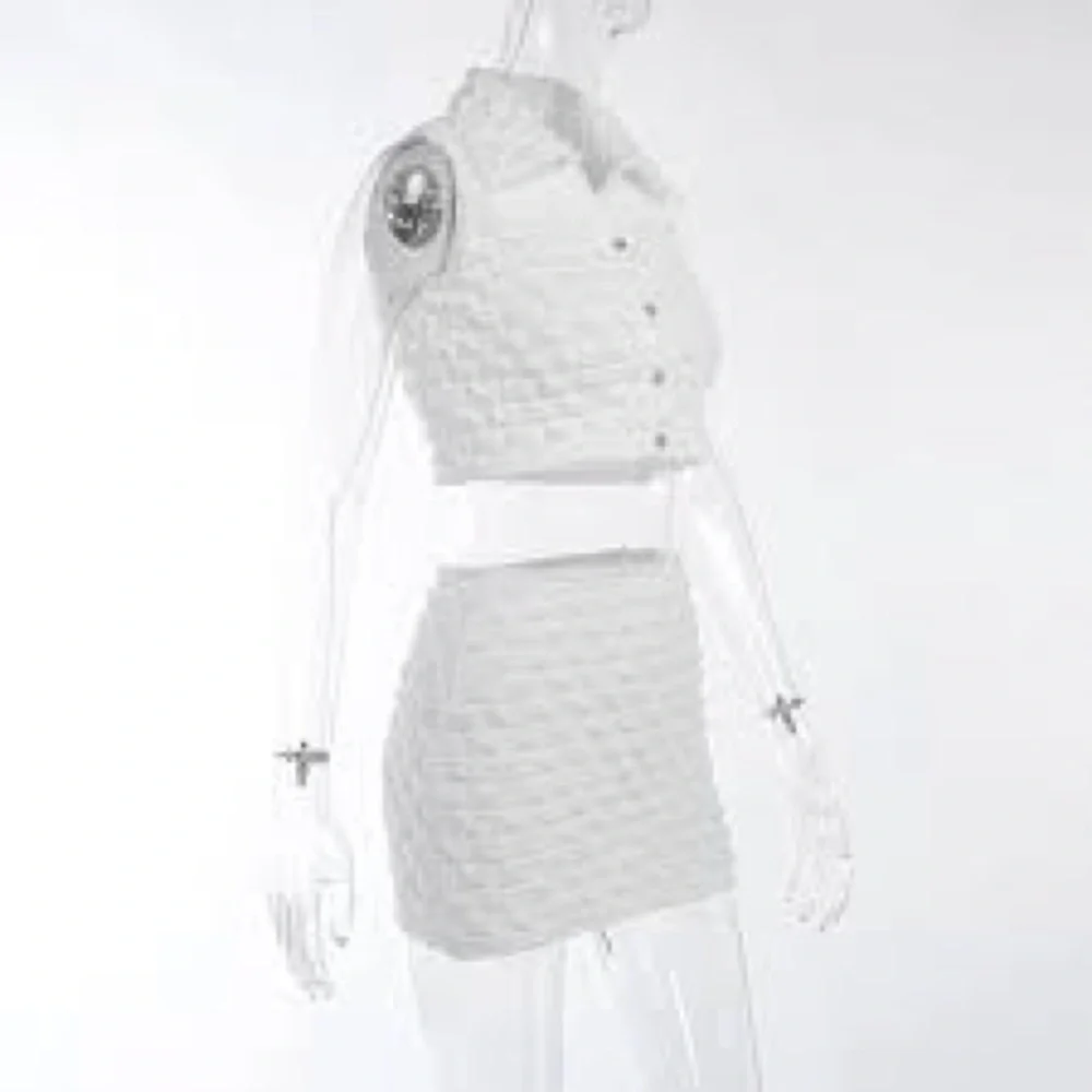 White Textured Sleeveless Crop Top & Mini Skirt Two-Piece Set Size S